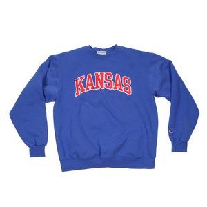 Champion Kansas Jayhawks KU Crew Neck Sweatshirt Embroidered Logo Large